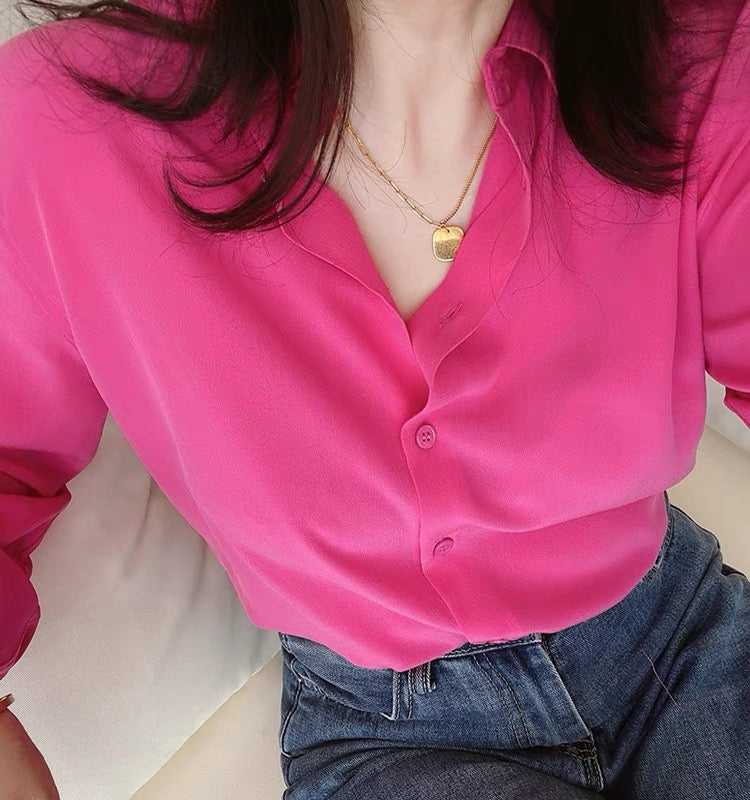 Luxury 100% Mulberry Silk Button-Down Shirt: Classic Long Sleeve Silk Blouse in 8 Vibrant Colors - Premium Heavyweight Silk Top for Office & Occasions