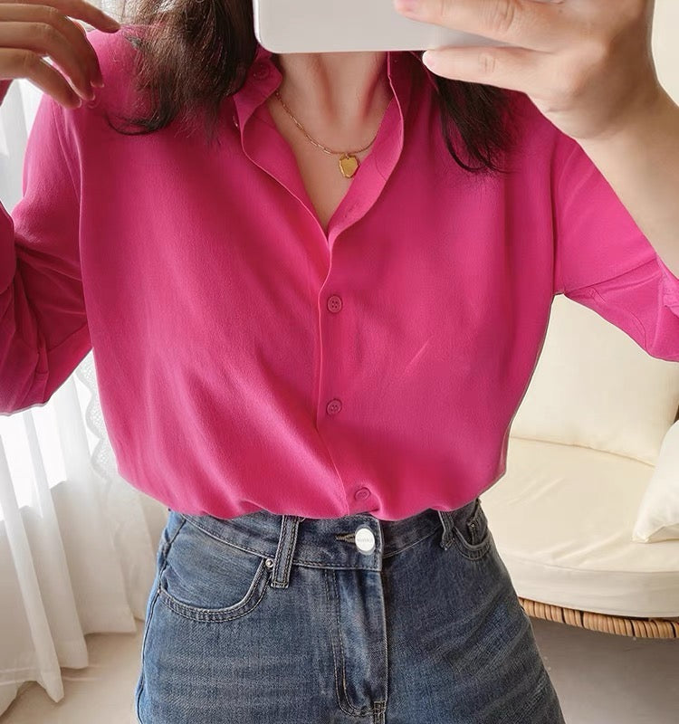 Luxury 100% Mulberry Silk Button-Down Shirt: Classic Long Sleeve Silk Blouse in 8 Vibrant Colors - Premium Heavyweight Silk Top for Office & Occasions