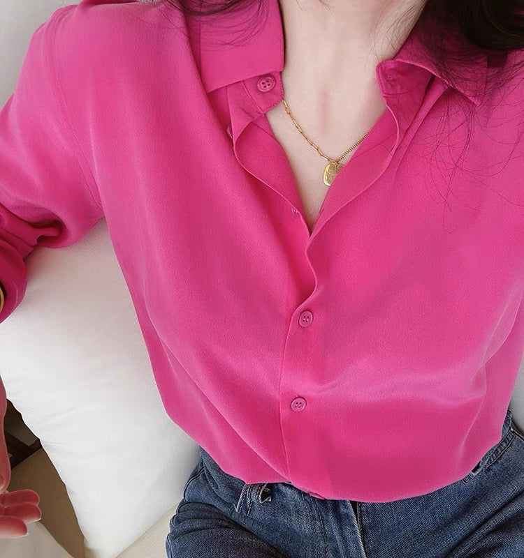 Luxury 100% Mulberry Silk Button-Down Shirt: Classic Long Sleeve Silk Blouse in 8 Vibrant Colors - Premium Heavyweight Silk Top for Office & Occasions