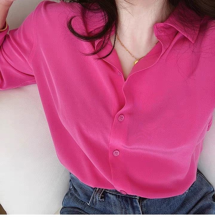 Luxury 100% Mulberry Silk Button-Down Shirt: Classic Long Sleeve Silk Blouse in 8 Vibrant Colors - Premium Heavyweight Silk Top for Office & Occasions