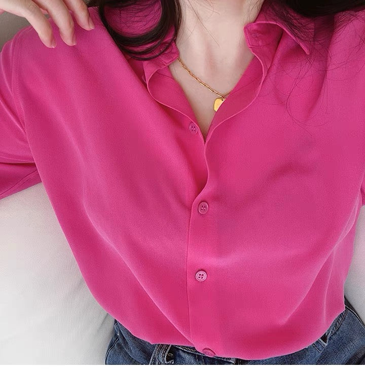 Luxury 100% Mulberry Silk Button-Down Shirt: Classic Long Sleeve Silk Blouse in 8 Vibrant Colors - Premium Heavyweight Silk Top for Office & Occasions