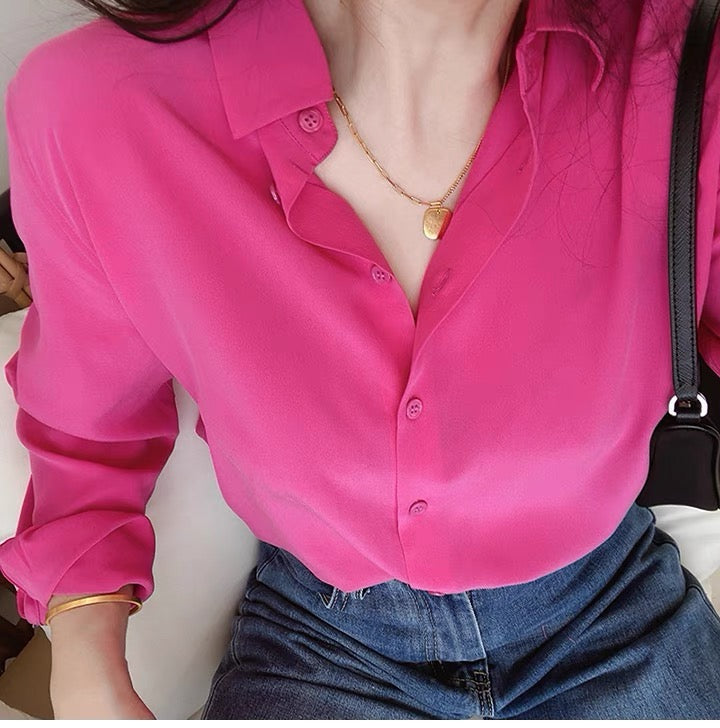 Luxury 100% Mulberry Silk Button-Down Shirt: Classic Long Sleeve Silk Blouse in 8 Vibrant Colors - Premium Heavyweight Silk Top for Office & Occasions