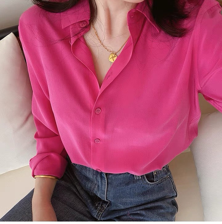 Luxury 100% Mulberry Silk Button-Down Shirt: Classic Long Sleeve Silk Blouse in 8 Vibrant Colors - Premium Heavyweight Silk Top for Office & Occasions