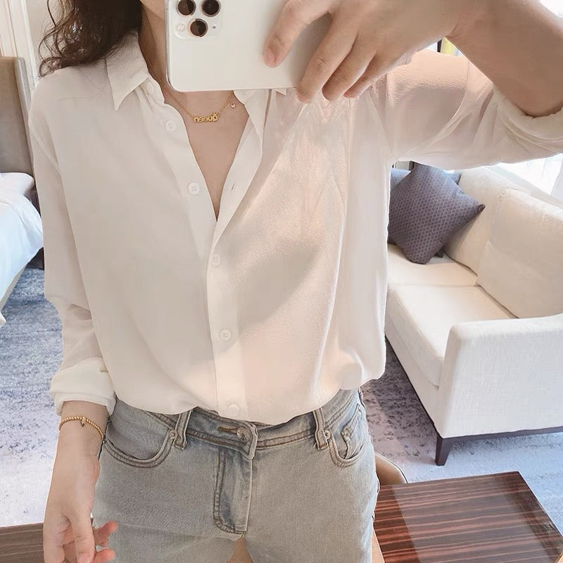 Luxury 100% Mulberry Silk Button-Down Shirt: Classic Long Sleeve Silk Blouse in 8 Vibrant Colors - Premium Heavyweight Silk Top for Office & Occasions