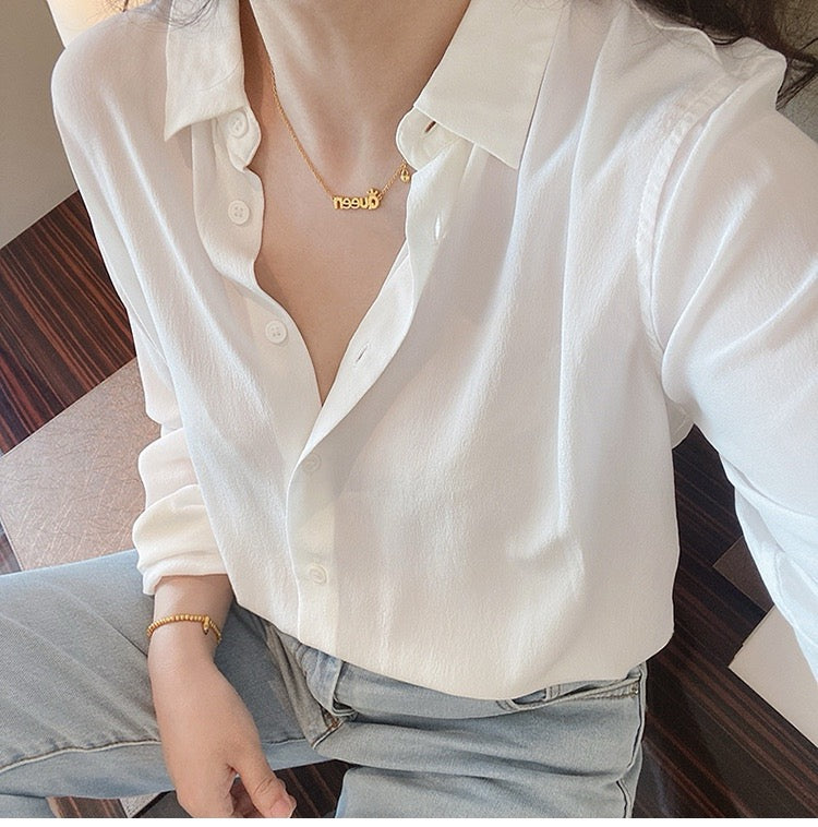 Luxury 100% Mulberry Silk Button-Down Shirt: Classic Long Sleeve Silk Blouse in 8 Vibrant Colors - Premium Heavyweight Silk Top for Office & Occasions