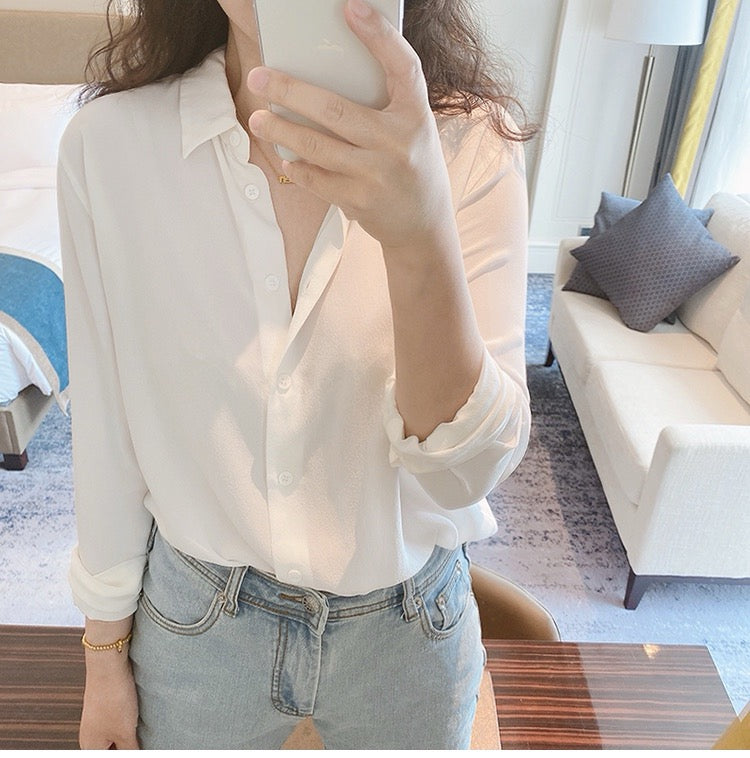 Luxury 100% Mulberry Silk Button-Down Shirt: Classic Long Sleeve Silk Blouse in 8 Vibrant Colors - Premium Heavyweight Silk Top for Office & Occasions