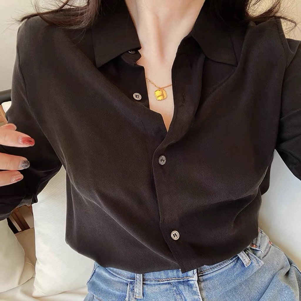 Luxury 100% Mulberry Silk Button-Down Shirt: Classic Long Sleeve Silk Blouse in 8 Vibrant Colors - Premium Heavyweight Silk Top for Office & Occasions
