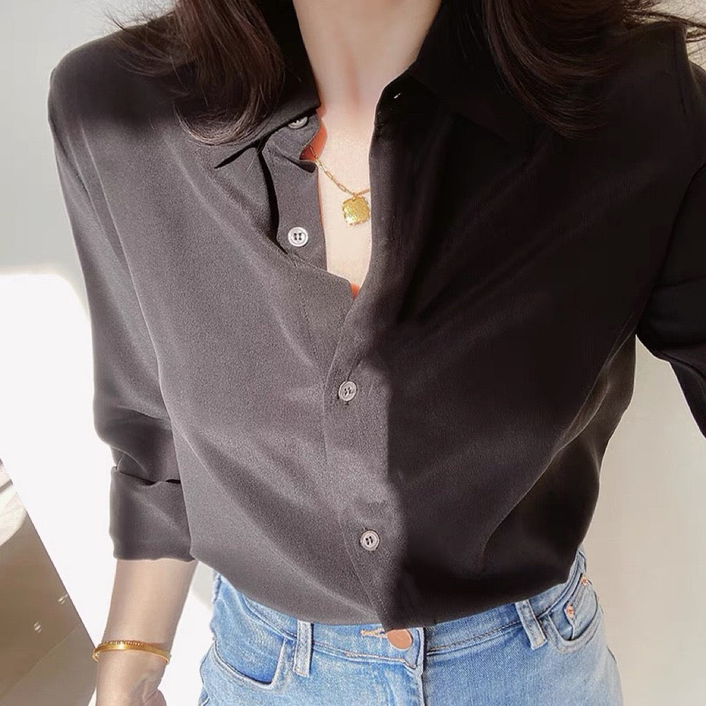 Luxury 100% Mulberry Silk Button-Down Shirt: Classic Long Sleeve Silk Blouse in 8 Vibrant Colors - Premium Heavyweight Silk Top for Office & Occasions