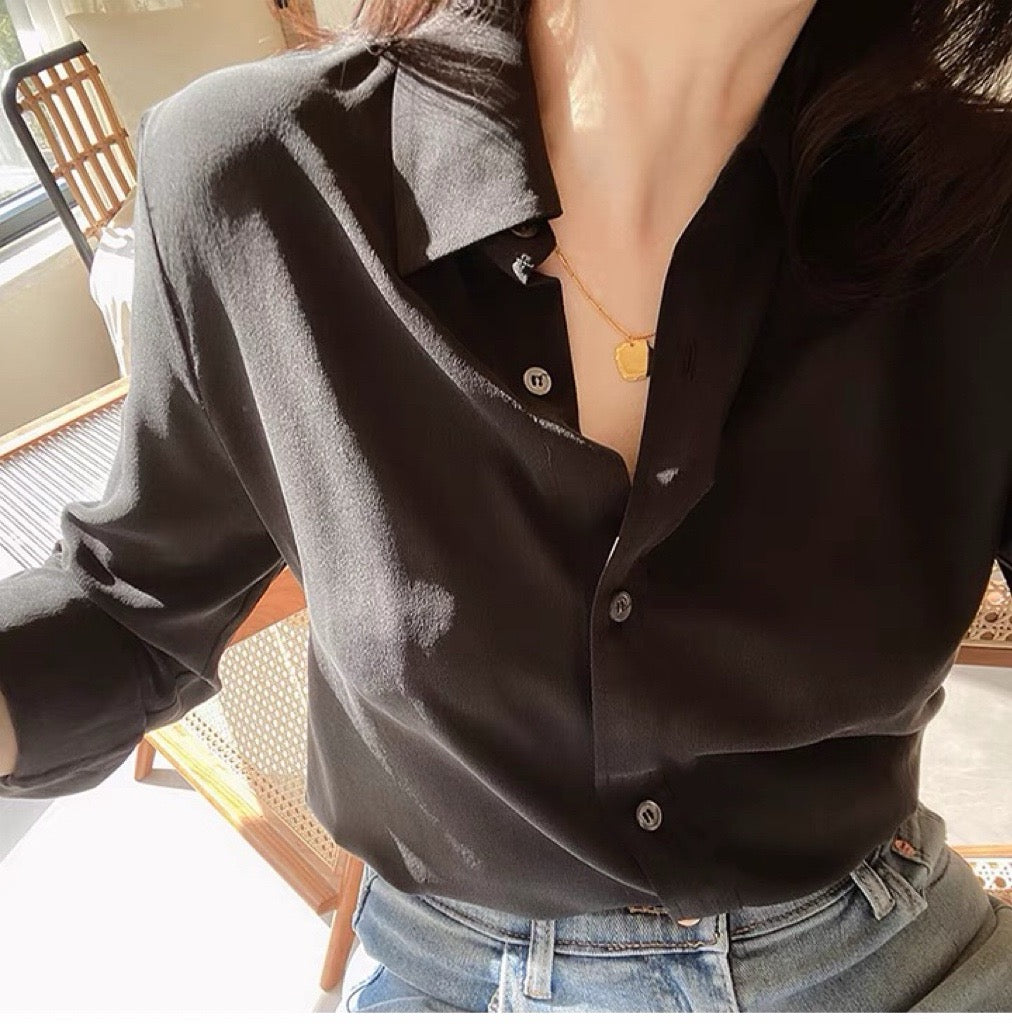 Luxury 100% Mulberry Silk Button-Down Shirt: Classic Long Sleeve Silk Blouse in 8 Vibrant Colors - Premium Heavyweight Silk Top for Office & Occasions