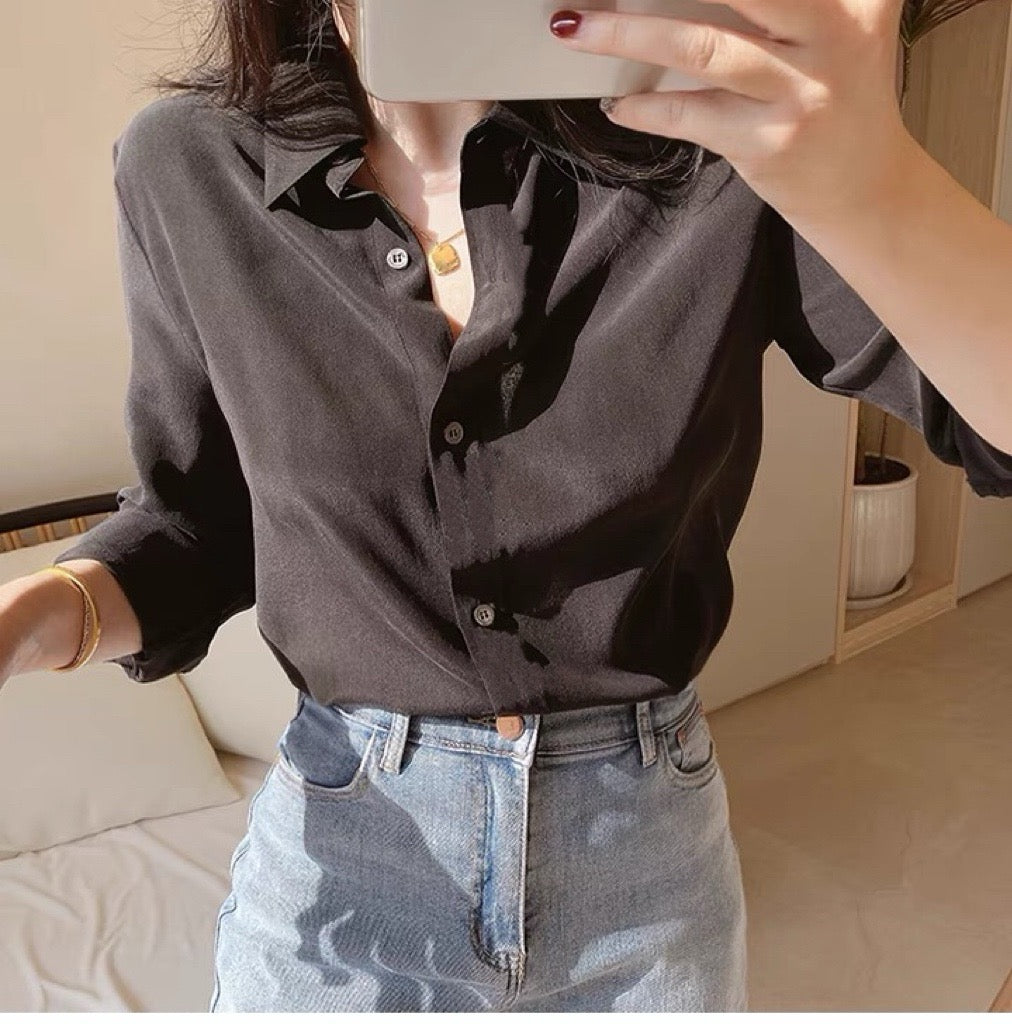 Luxury 100% Mulberry Silk Button-Down Shirt: Classic Long Sleeve Silk Blouse in 8 Vibrant Colors - Premium Heavyweight Silk Top for Office & Occasions