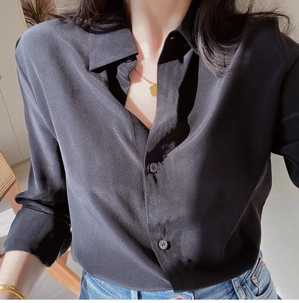 Luxury 100% Mulberry Silk Button-Down Shirt: Classic Long Sleeve Silk Blouse in 8 Vibrant Colors - Premium Heavyweight Silk Top for Office & Occasions