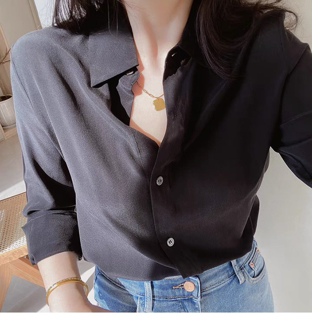 Luxury 100% Mulberry Silk Button-Down Shirt: Classic Long Sleeve Silk Blouse in 8 Vibrant Colors - Premium Heavyweight Silk Top for Office & Occasions