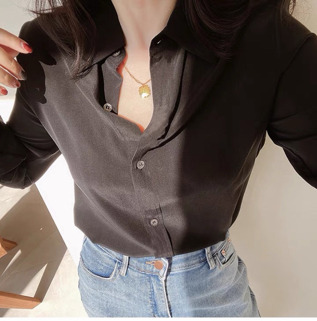 Luxury 100% Mulberry Silk Button-Down Shirt: Classic Long Sleeve Silk Blouse in 8 Vibrant Colors - Premium Heavyweight Silk Top for Office & Occasions