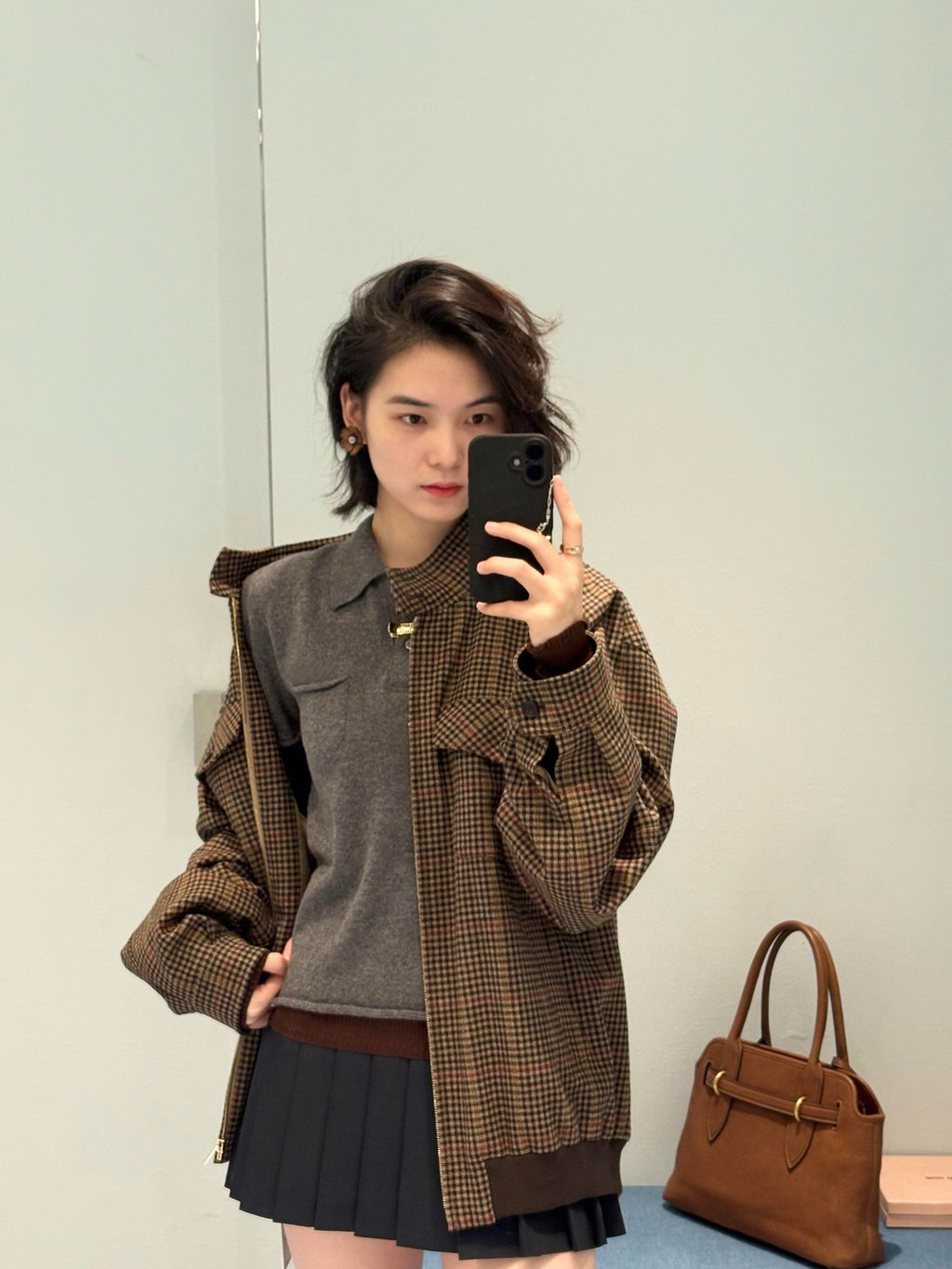 Wool Plaid Pinafore Dress, Collared Knit Polo Shirt & Tartan Mini Skirt Set - Preppy Style Woolen 3-Piece Collection