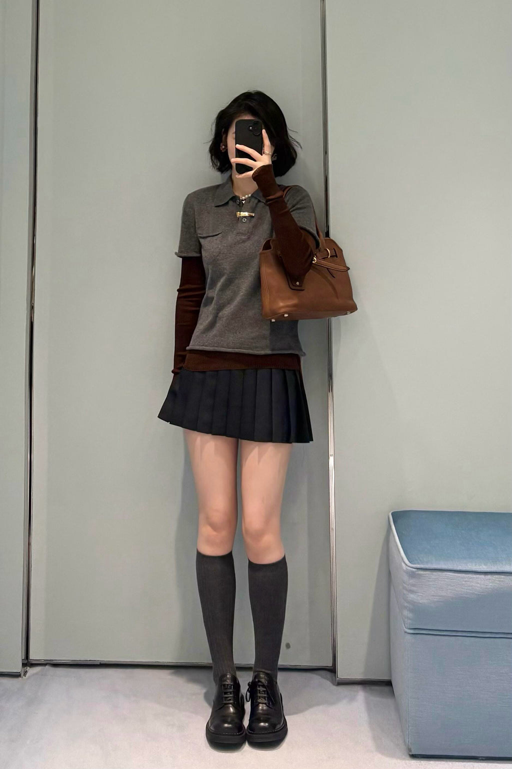 Wool Plaid Pinafore Dress, Collared Knit Polo Shirt & Tartan Mini Skirt Set - Preppy Style Woolen 3-Piece Collection