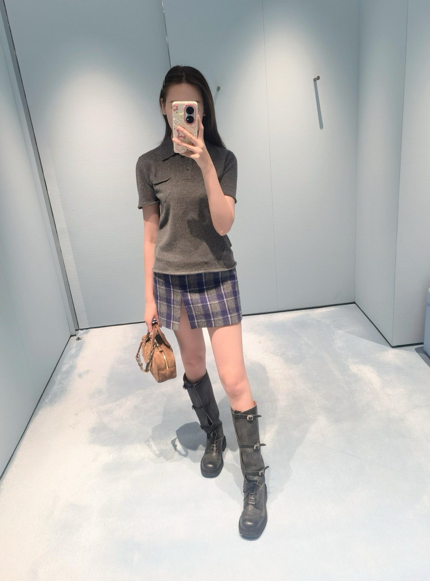 Wool Plaid Pinafore Dress, Collared Knit Polo Shirt & Tartan Mini Skirt Set - Preppy Style Woolen 3-Piece Collection