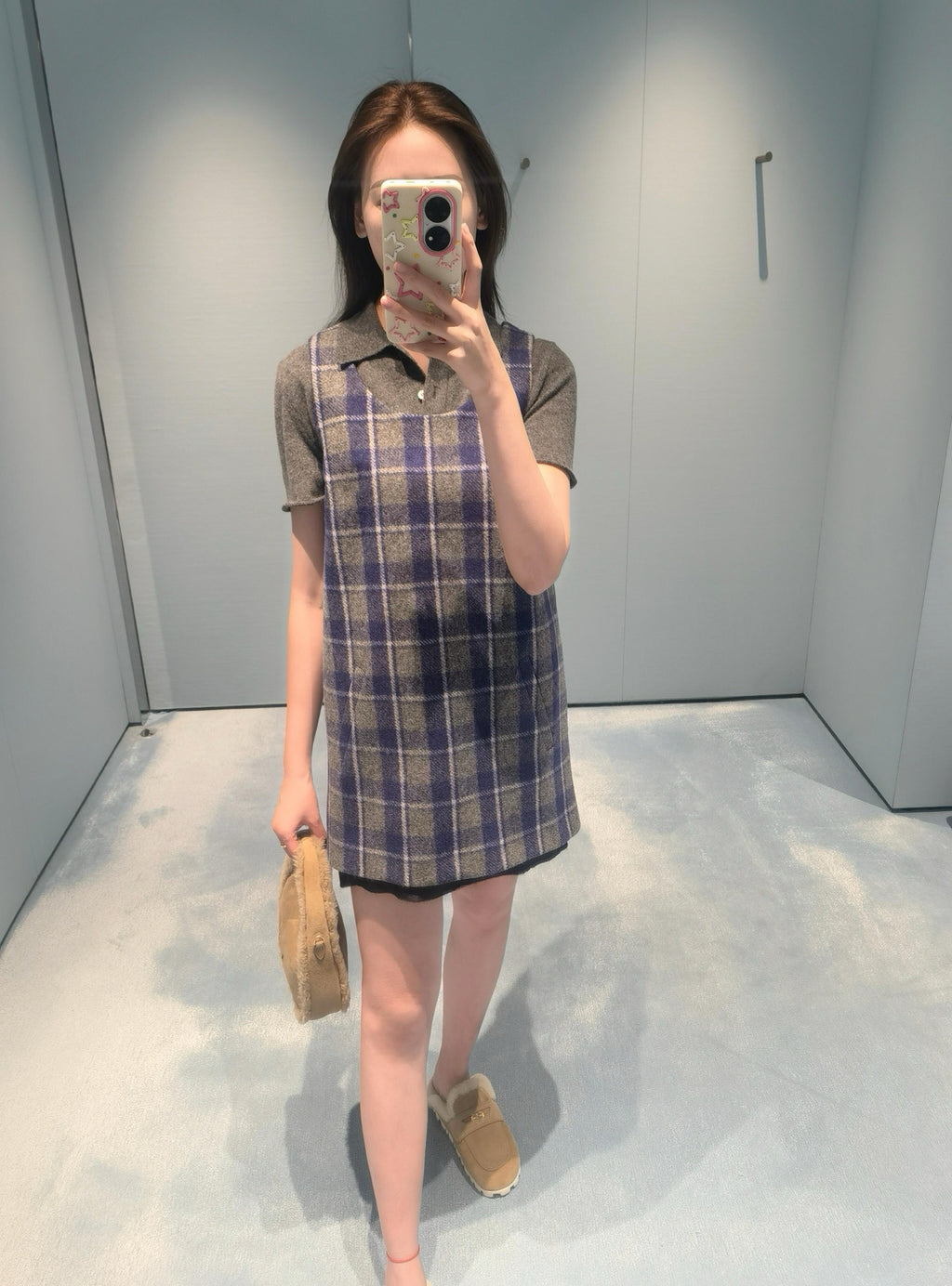 Wool Plaid Pinafore Dress, Collared Knit Polo Shirt & Tartan Mini Skirt Set - Preppy Style Woolen 3-Piece Collection