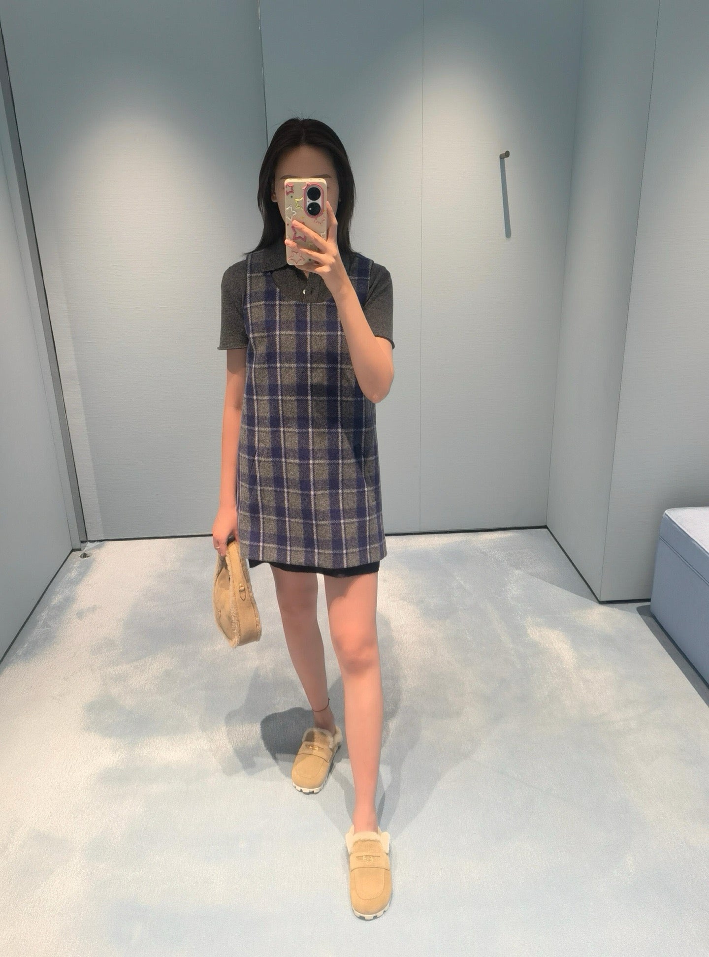 Wool Plaid Pinafore Dress, Collared Knit Polo Shirt & Tartan Mini Skirt Set - Preppy Style Woolen 3-Piece Collection