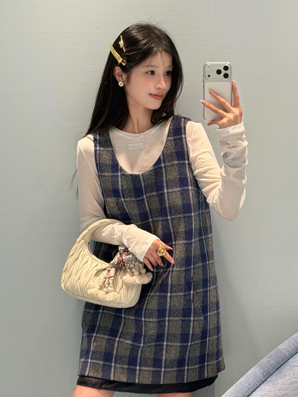Wool Plaid Pinafore Dress, Collared Knit Polo Shirt & Tartan Mini Skirt Set - Preppy Style Woolen 3-Piece Collection
