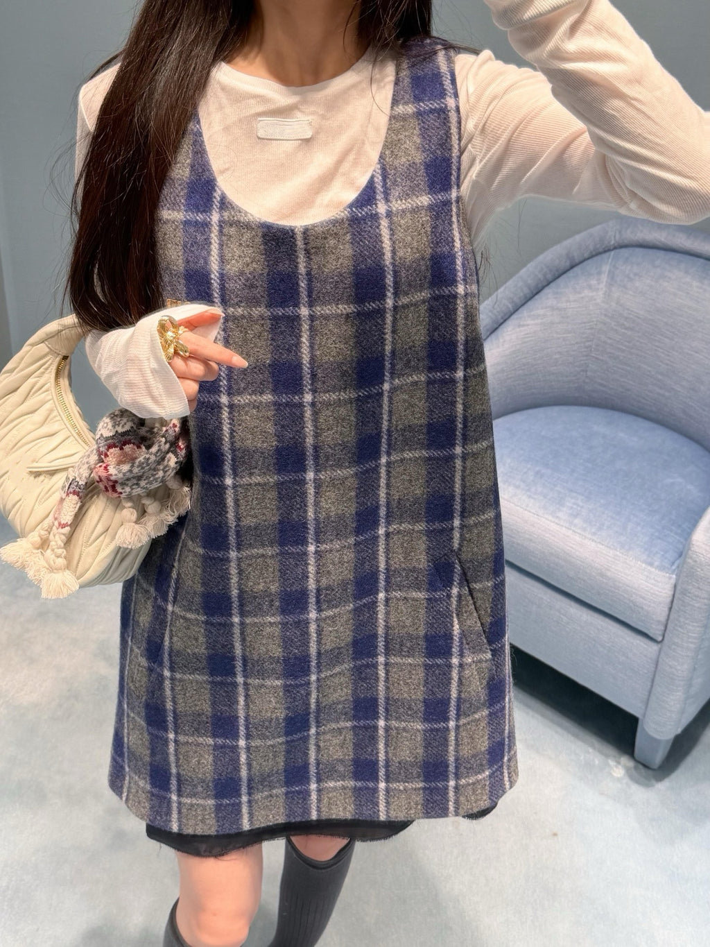 Wool Plaid Pinafore Dress, Collared Knit Polo Shirt & Tartan Mini Skirt Set - Preppy Style Woolen 3-Piece Collection