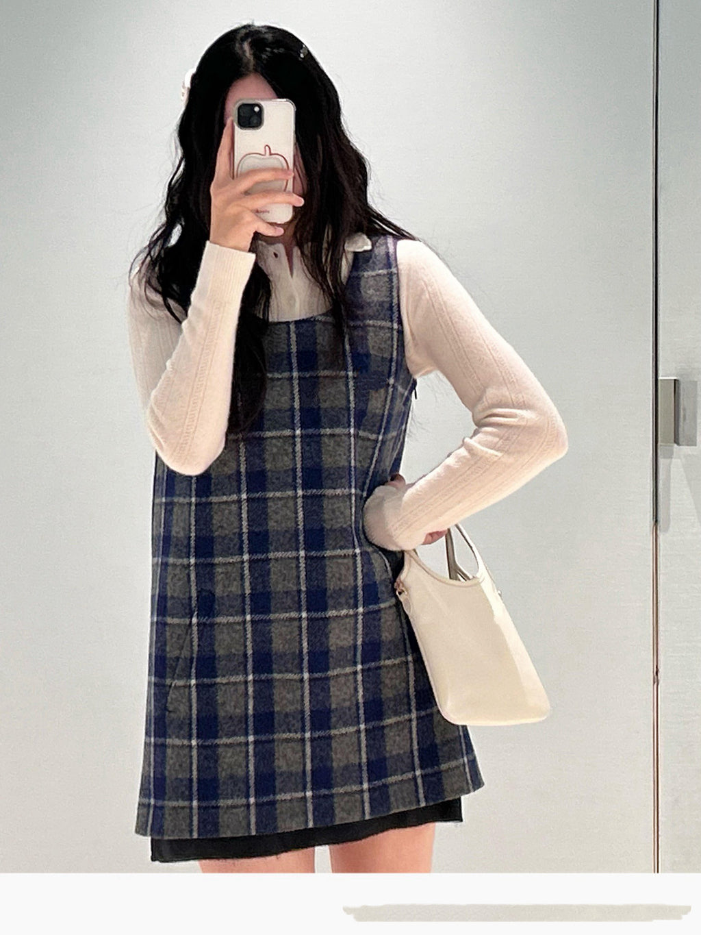 Wool Plaid Pinafore Dress, Collared Knit Polo Shirt & Tartan Mini Skirt Set - Preppy Style Woolen 3-Piece Collection