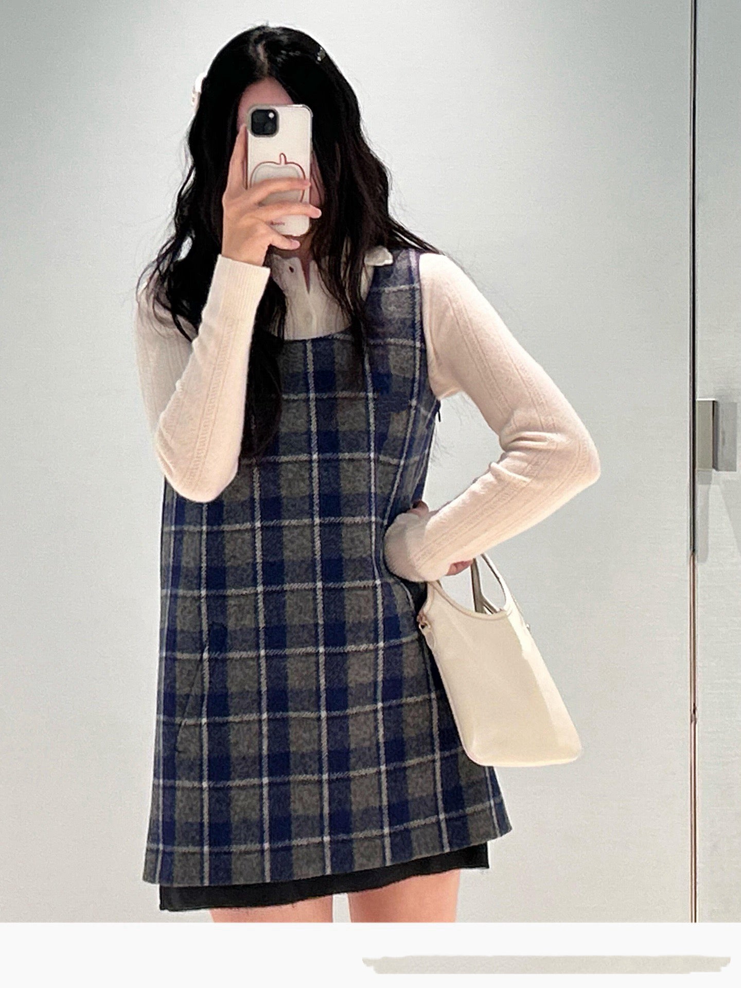 Wool Plaid Pinafore Dress, Collared Knit Polo Shirt & Tartan Mini Skirt Set - Preppy Style Woolen 3-Piece Collection