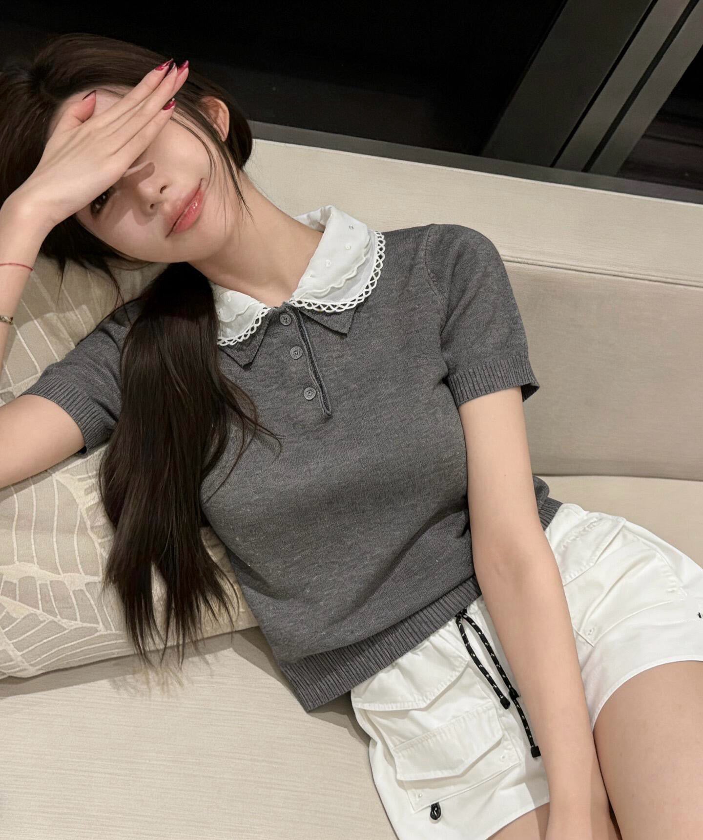 Lace Collar Cashmere Sweater & Cargo Utility Mini Skirt Set - Women's High-Waist A-Line Skirt with Safety Shorts & Slim Fit Knit Top