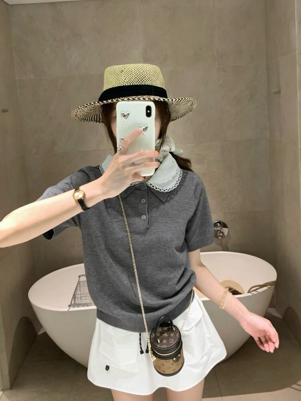 Lace Collar Cashmere Sweater & Cargo Utility Mini Skirt Set - Women's High-Waist A-Line Skirt with Safety Shorts & Slim Fit Knit Top