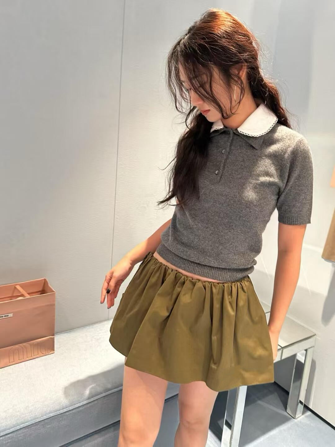 Lace Collar Cashmere Sweater & Cargo Utility Mini Skirt Set - Women's High-Waist A-Line Skirt with Safety Shorts & Slim Fit Knit Top