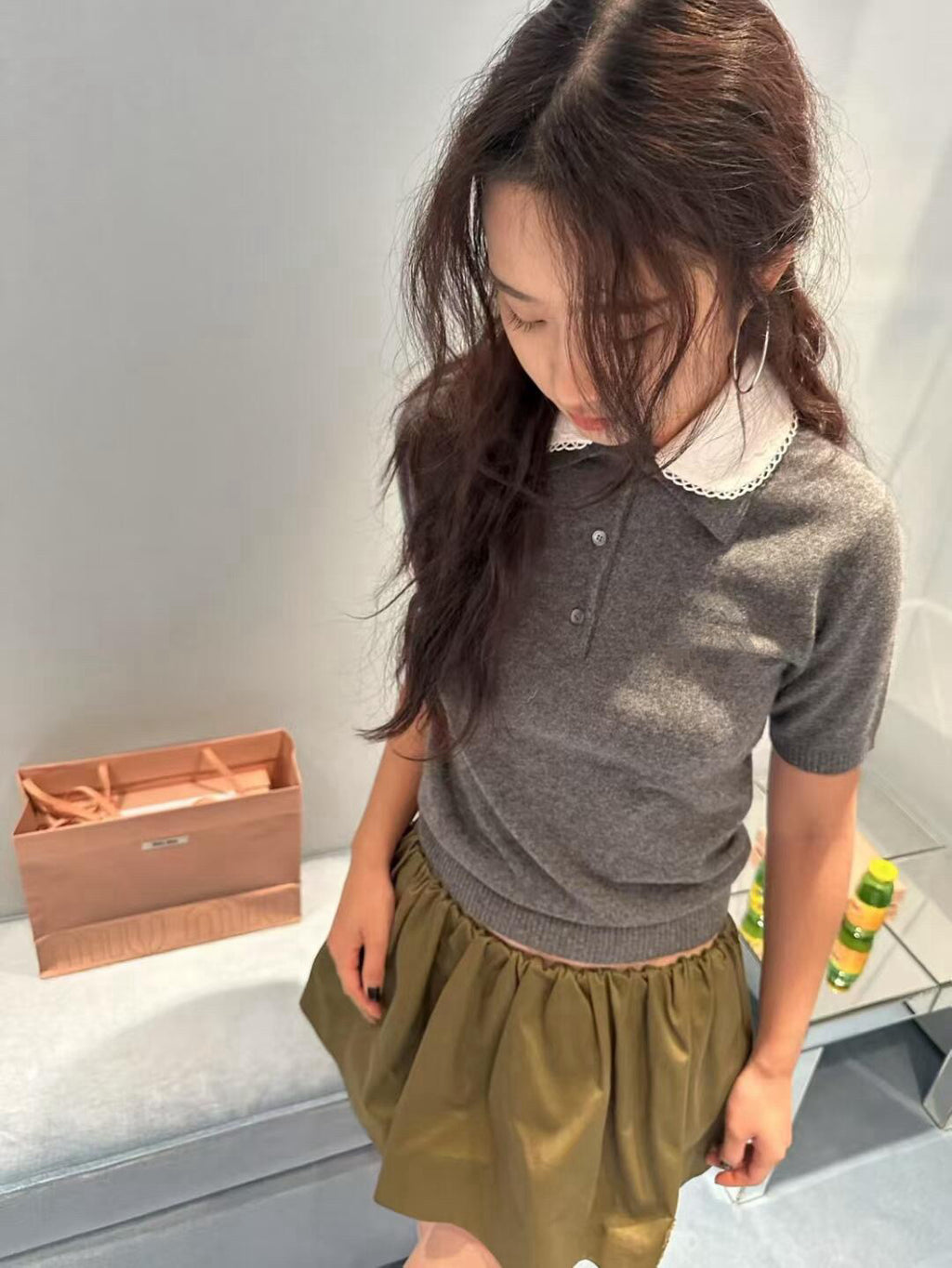 Lace Collar Cashmere Sweater & Cargo Utility Mini Skirt Set - Women's High-Waist A-Line Skirt with Safety Shorts & Slim Fit Knit Top