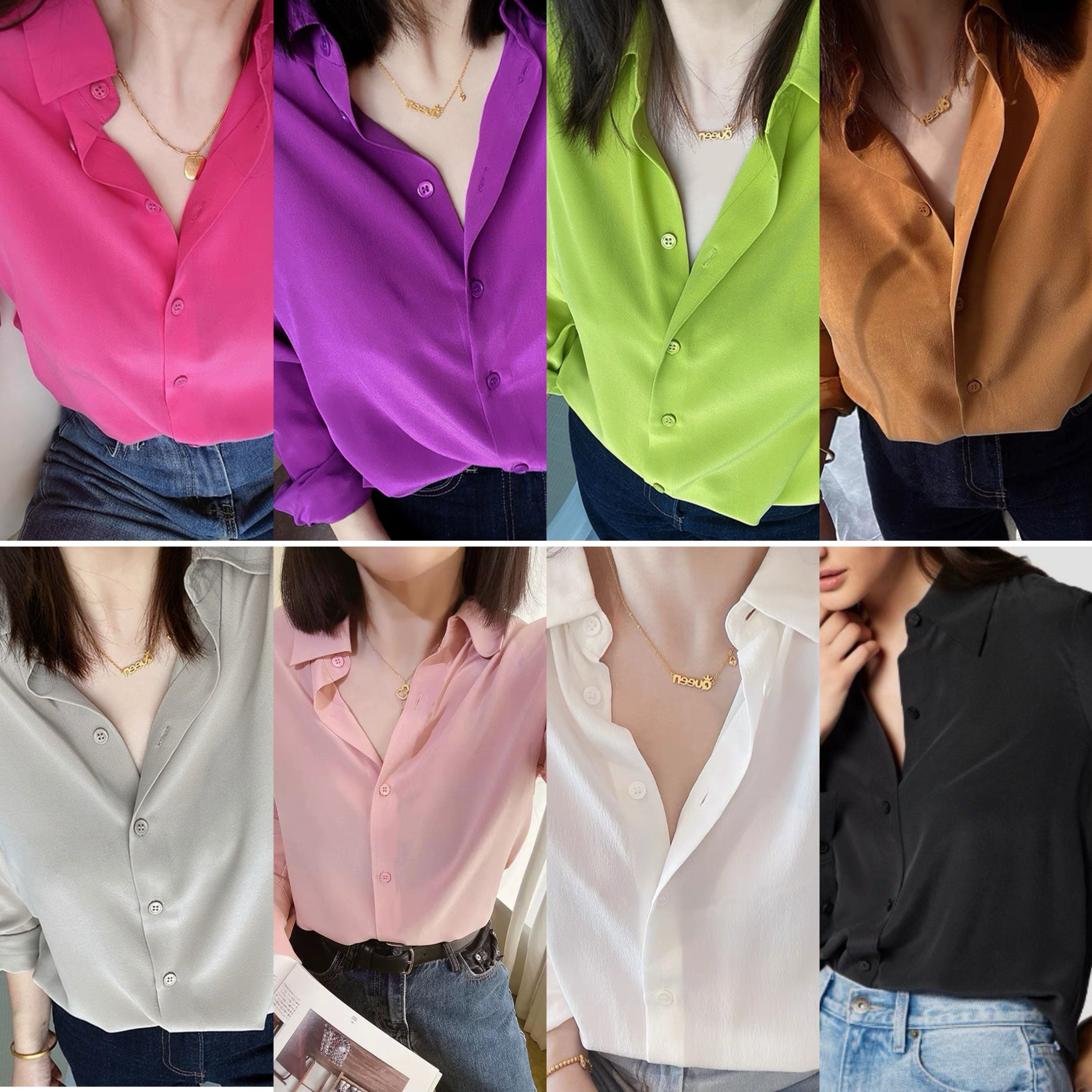 Luxury 100% Mulberry Silk Button-Down Shirt: Classic Long Sleeve Silk Blouse in 8 Vibrant Colors - Premium Heavyweight Silk Top for Office & Occasions