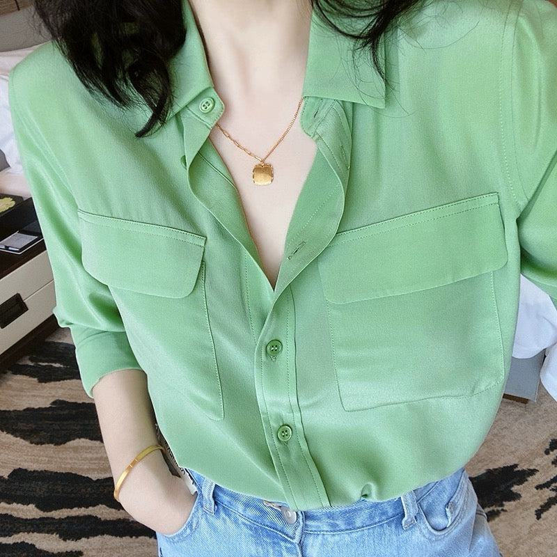 Luxury 100% Mulberry Silk Button-Down Shirt: Classic Long Sleeve Silk Blouse with Double Pockets - Premium Heavyweight Silk Top for Office & Casual - Available in 12 Vibrant Colors
