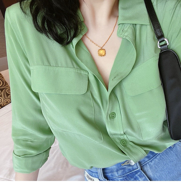 Luxury 100% Mulberry Silk Button-Down Shirt: Classic Long Sleeve Silk Blouse with Double Pockets - Premium Heavyweight Silk Top for Office & Casual - Available in 12 Vibrant Colors