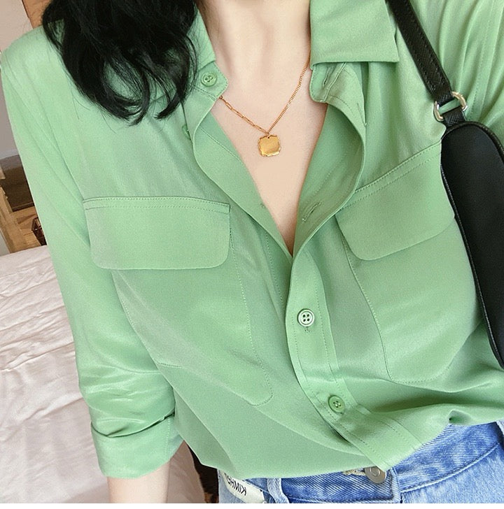 Luxury 100% Mulberry Silk Button-Down Shirt: Classic Long Sleeve Silk Blouse with Double Pockets - Premium Heavyweight Silk Top for Office & Casual - Available in 12 Vibrant Colors