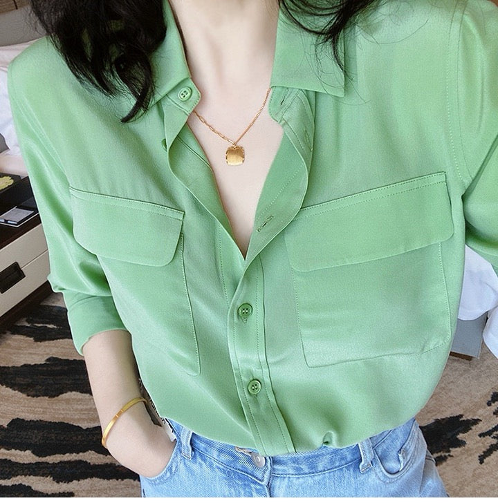Luxury 100% Mulberry Silk Button-Down Shirt: Classic Long Sleeve Silk Blouse with Double Pockets - Premium Heavyweight Silk Top for Office & Casual - Available in 12 Vibrant Colors