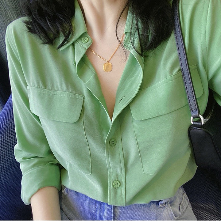 Luxury 100% Mulberry Silk Button-Down Shirt: Classic Long Sleeve Silk Blouse with Double Pockets - Premium Heavyweight Silk Top for Office & Casual - Available in 12 Vibrant Colors