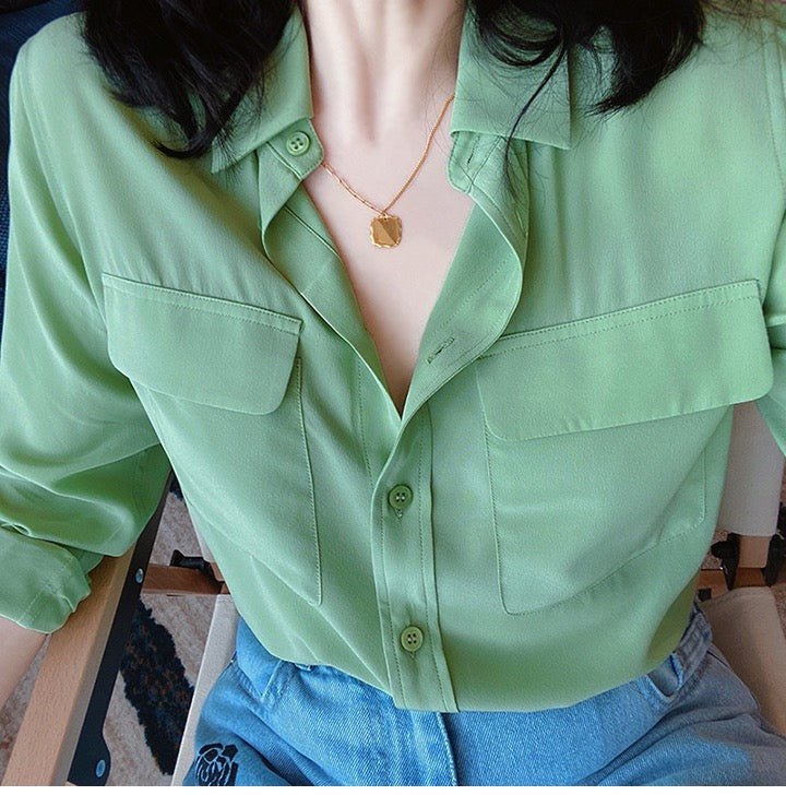 Luxury 100% Mulberry Silk Button-Down Shirt: Classic Long Sleeve Silk Blouse with Double Pockets - Premium Heavyweight Silk Top for Office & Casual - Available in 12 Vibrant Colors