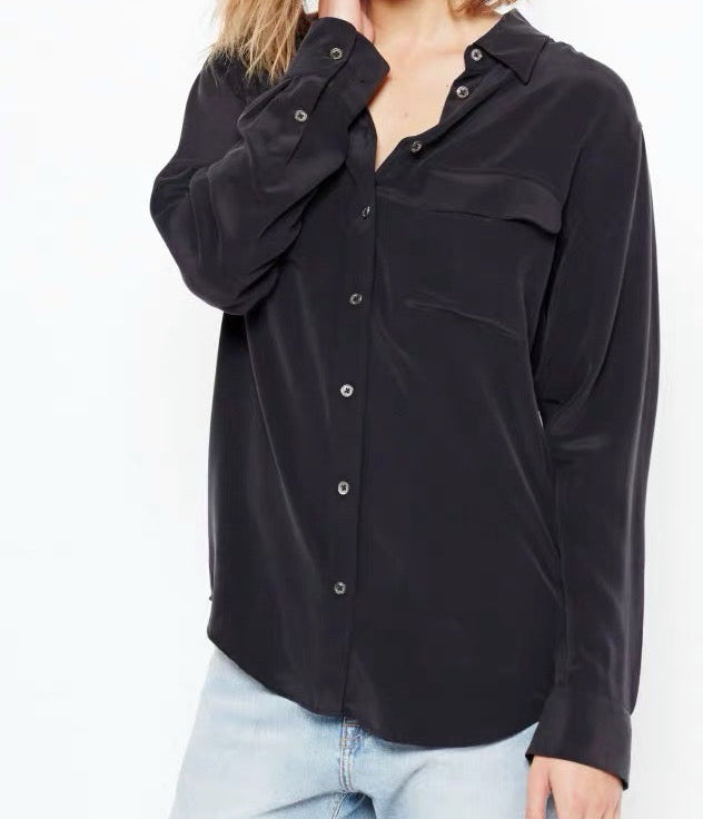 Luxury 100% Mulberry Silk Button-Down Shirt: Classic Long Sleeve Silk Blouse with Double Pockets - Premium Heavyweight Silk Top for Office & Casual - Available in 12 Vibrant Colors