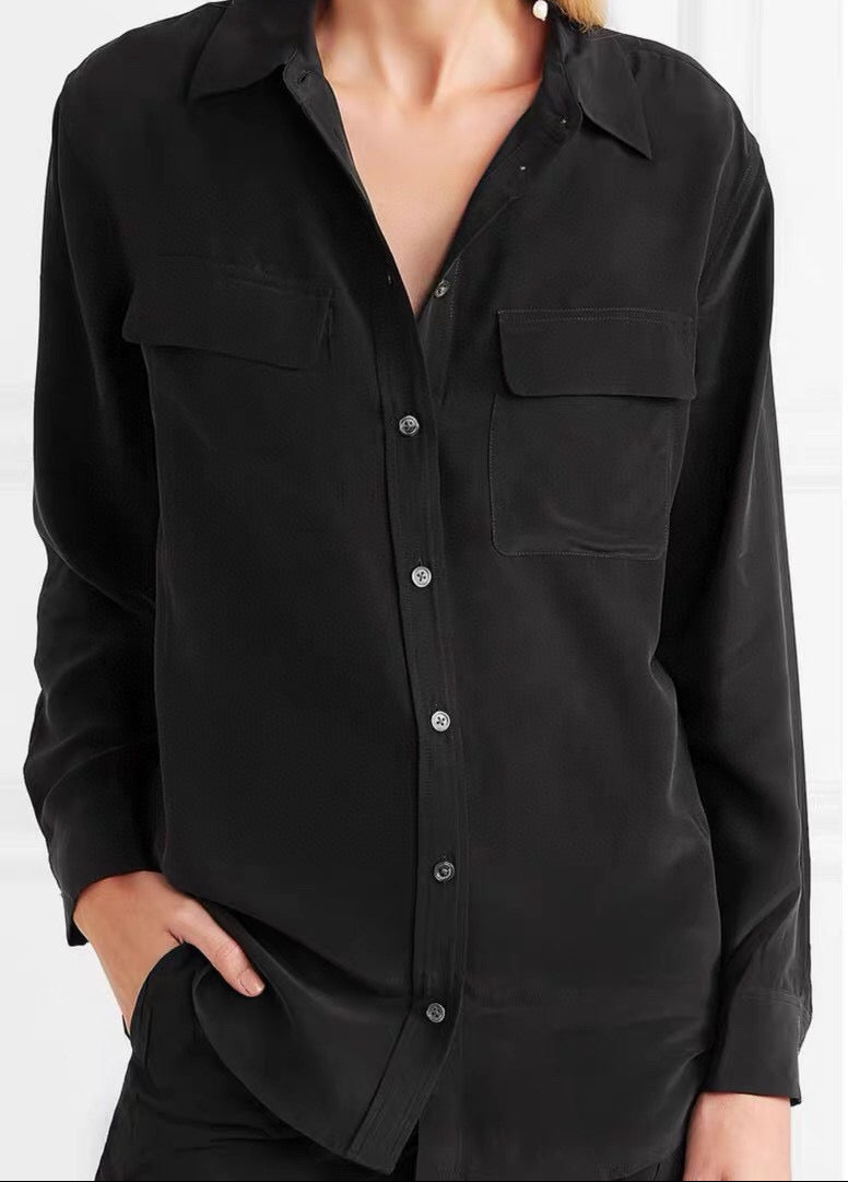 Luxury 100% Mulberry Silk Button-Down Shirt: Classic Long Sleeve Silk Blouse with Double Pockets - Premium Heavyweight Silk Top for Office & Casual - Available in 12 Vibrant Colors