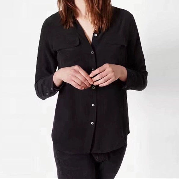 Luxury 100% Mulberry Silk Button-Down Shirt: Classic Long Sleeve Silk Blouse with Double Pockets - Premium Heavyweight Silk Top for Office & Casual - Available in 12 Vibrant Colors