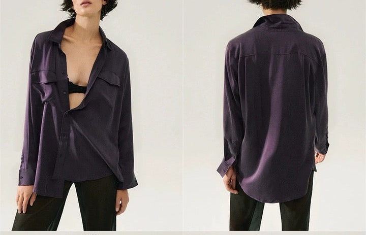 Luxury 100% Mulberry Silk Button-Down Shirt: Classic Long Sleeve Silk Blouse with Double Pockets - Premium Heavyweight Silk Top for Office & Casual - Available in 12 Vibrant Colors