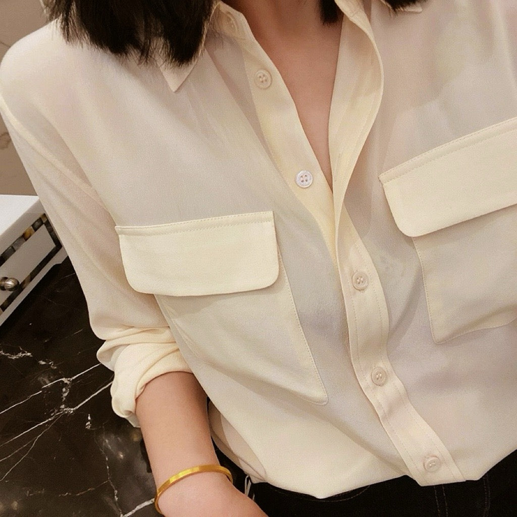 Luxury 100% Mulberry Silk Button-Down Shirt: Classic Long Sleeve Silk Blouse with Double Pockets - Premium Heavyweight Silk Top for Office & Casual - Available in 12 Vibrant Colors