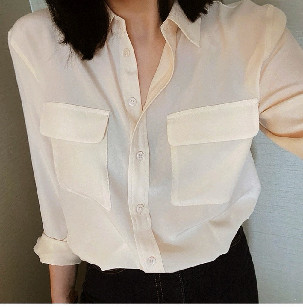Luxury 100% Mulberry Silk Button-Down Shirt: Classic Long Sleeve Silk Blouse with Double Pockets - Premium Heavyweight Silk Top for Office & Casual - Available in 12 Vibrant Colors