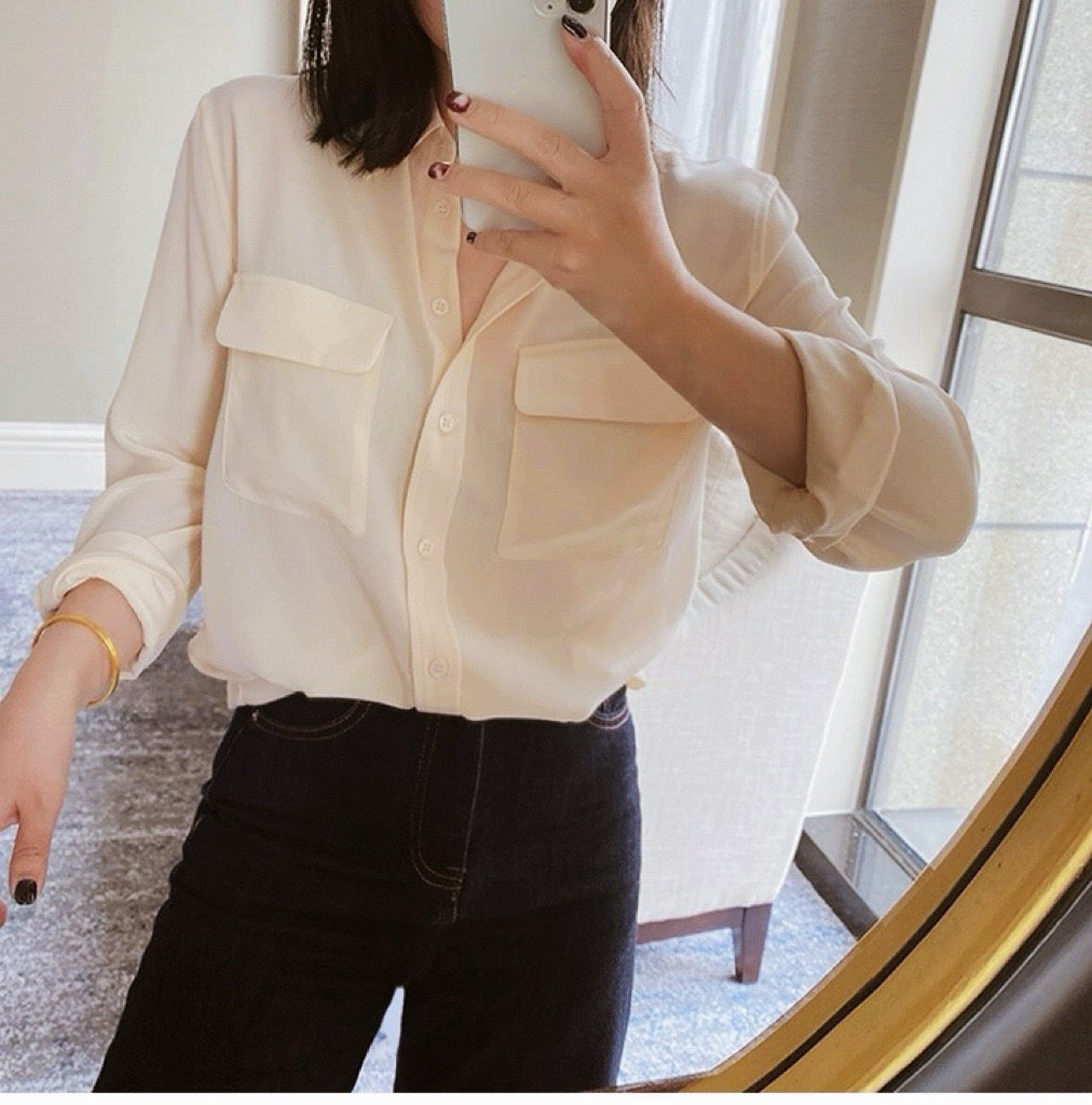 Luxury 100% Mulberry Silk Button-Down Shirt: Classic Long Sleeve Silk Blouse with Double Pockets - Premium Heavyweight Silk Top for Office & Casual - Available in 12 Vibrant Colors