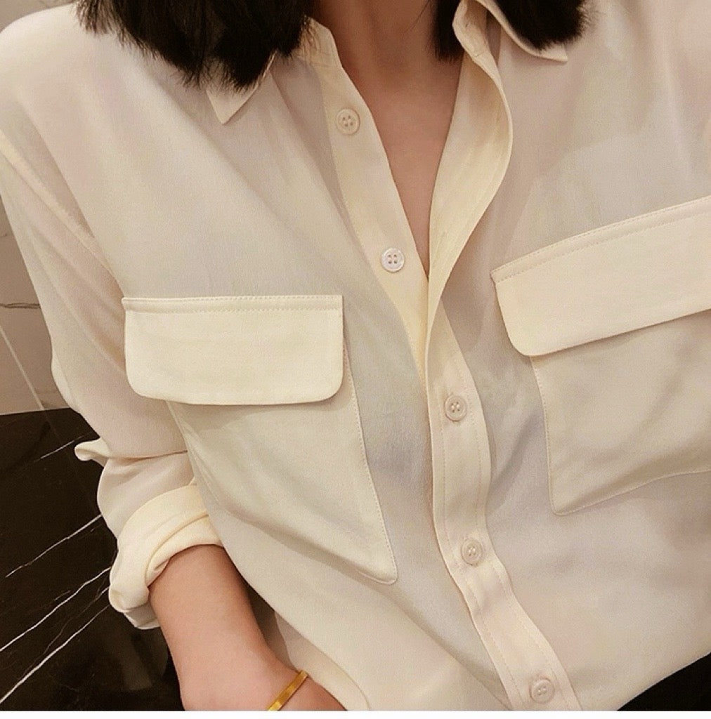 Luxury 100% Mulberry Silk Button-Down Shirt: Classic Long Sleeve Silk Blouse with Double Pockets - Premium Heavyweight Silk Top for Office & Casual - Available in 12 Vibrant Colors