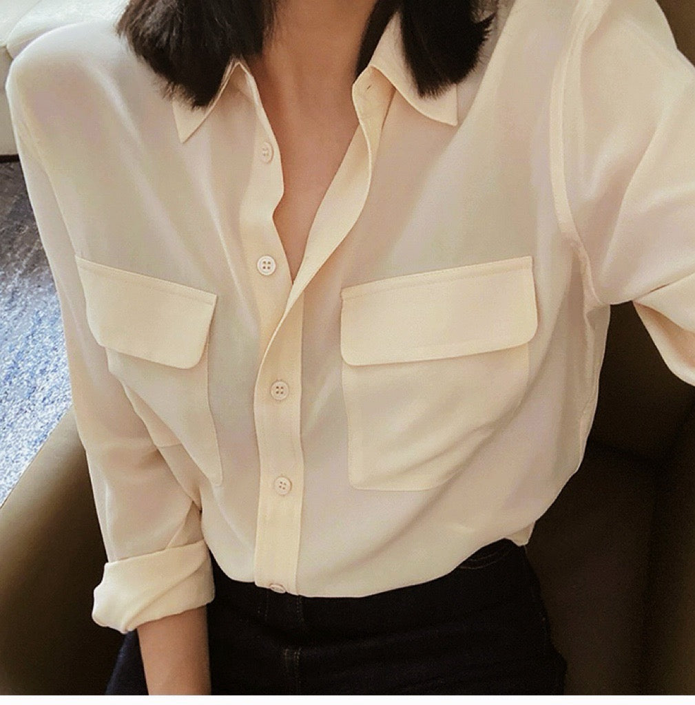 Luxury 100% Mulberry Silk Button-Down Shirt: Classic Long Sleeve Silk Blouse with Double Pockets - Premium Heavyweight Silk Top for Office & Casual - Available in 12 Vibrant Colors