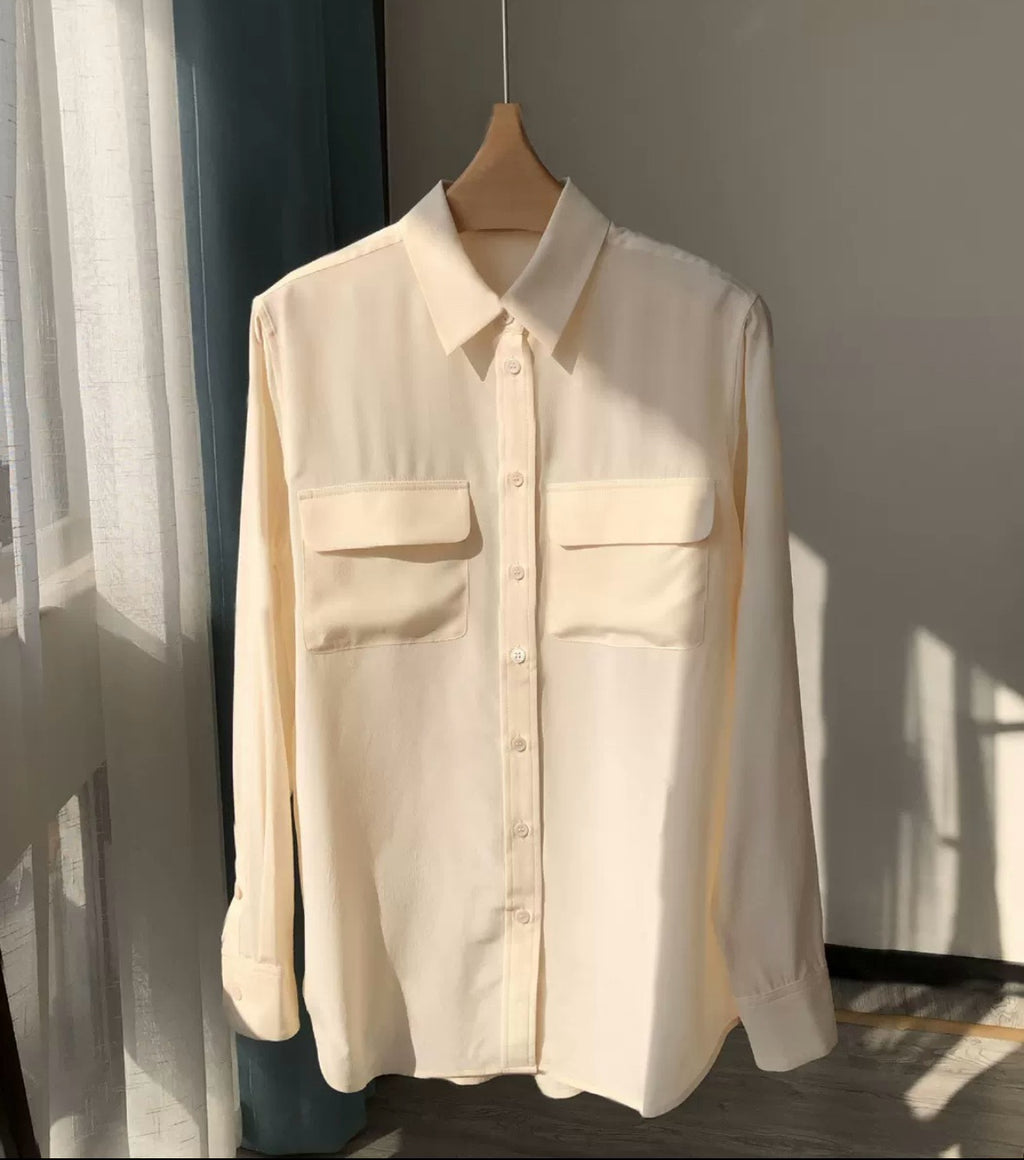 Luxury 100% Mulberry Silk Button-Down Shirt: Classic Long Sleeve Silk Blouse with Double Pockets - Premium Heavyweight Silk Top for Office & Casual - Available in 12 Vibrant Colors