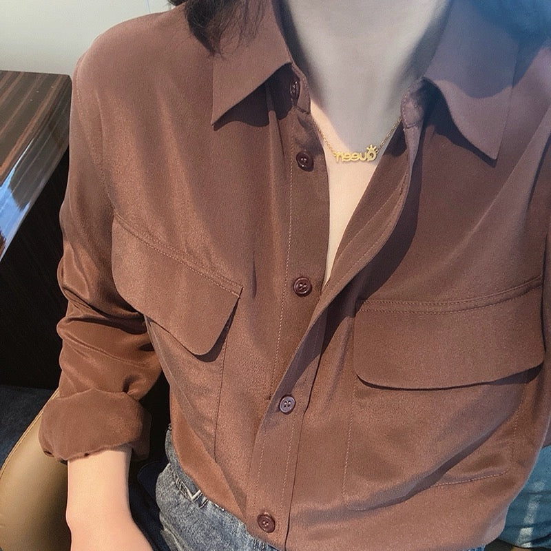 Luxury 100% Mulberry Silk Button-Down Shirt: Classic Long Sleeve Silk Blouse with Double Pockets - Premium Heavyweight Silk Top for Office & Casual - Available in 12 Vibrant Colors