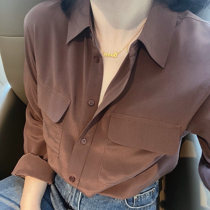 Luxury 100% Mulberry Silk Button-Down Shirt: Classic Long Sleeve Silk Blouse with Double Pockets - Premium Heavyweight Silk Top for Office & Casual - Available in 12 Vibrant Colors