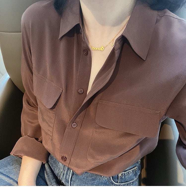 Luxury 100% Mulberry Silk Button-Down Shirt: Classic Long Sleeve Silk Blouse with Double Pockets - Premium Heavyweight Silk Top for Office & Casual - Available in 12 Vibrant Colors